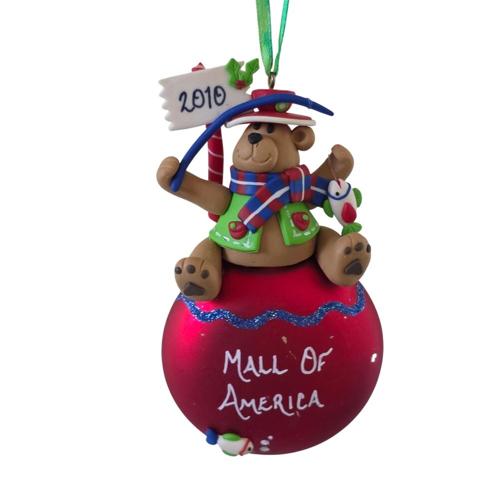 Mall of America 2010 Bear Fishing Christmas Ornament Red Ball Holiday Souvenir
